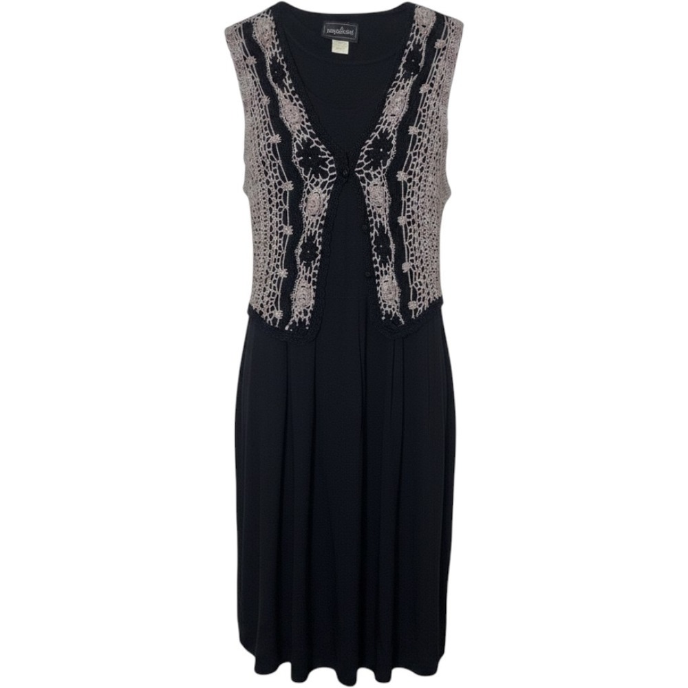 Impulsive Vintage Black Crochet Lace Overlay Midi Dress Sleeveless Tie Back Sz 8